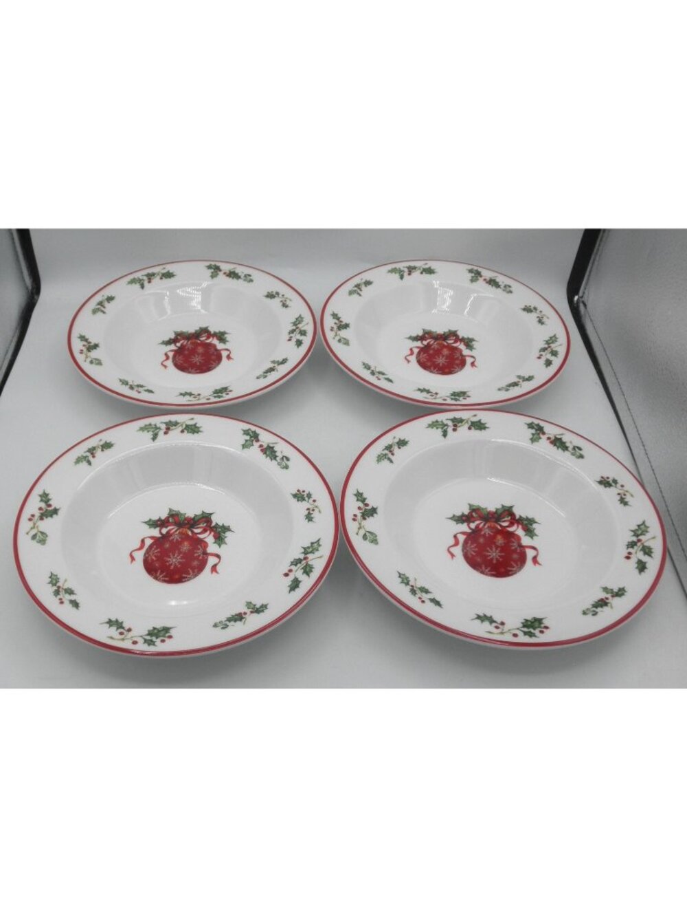 Holiday Celebrations Red Trim Christopher Radko Large Rimmed Soup Bowl Set of 4